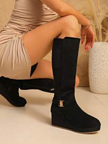 [Recommend Sizing Up One Size] Elegant Women's Over-The-Knee Boots, Classic Solid Color Round Toe Mid-Calf Boots, Wedge Heel Thick Sole Round Toe, Velvet, Warm For Autumn/Winter Outdoor, Side Zipper Casual Winter Boots, 12.5 Inch Shaft Height, Suitable For Autumn/Winter Outdoor Casual, Classic Versatile - Black - View 2
