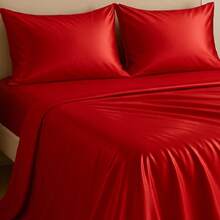 Mr Dias 4-Piece Satin Sheet With Anti-Frizz Technology Double Standard Queen King Size Elastic Active Bill - Red - View 2
