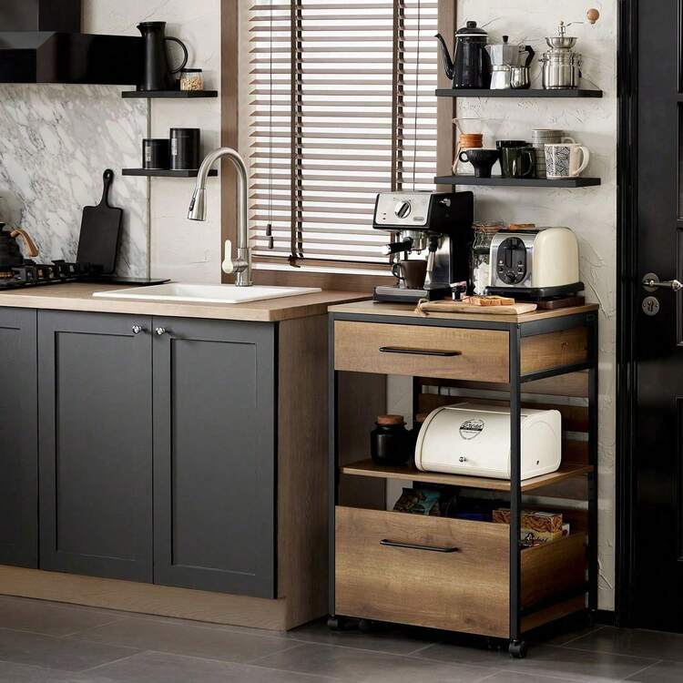 SoBuy FKW118-PF, Industrial Vintage Style Kitchen Trolley Cart Kitchen Storage Trolley Serving Trolley With Mobile Storage Chest - Brown - View 3