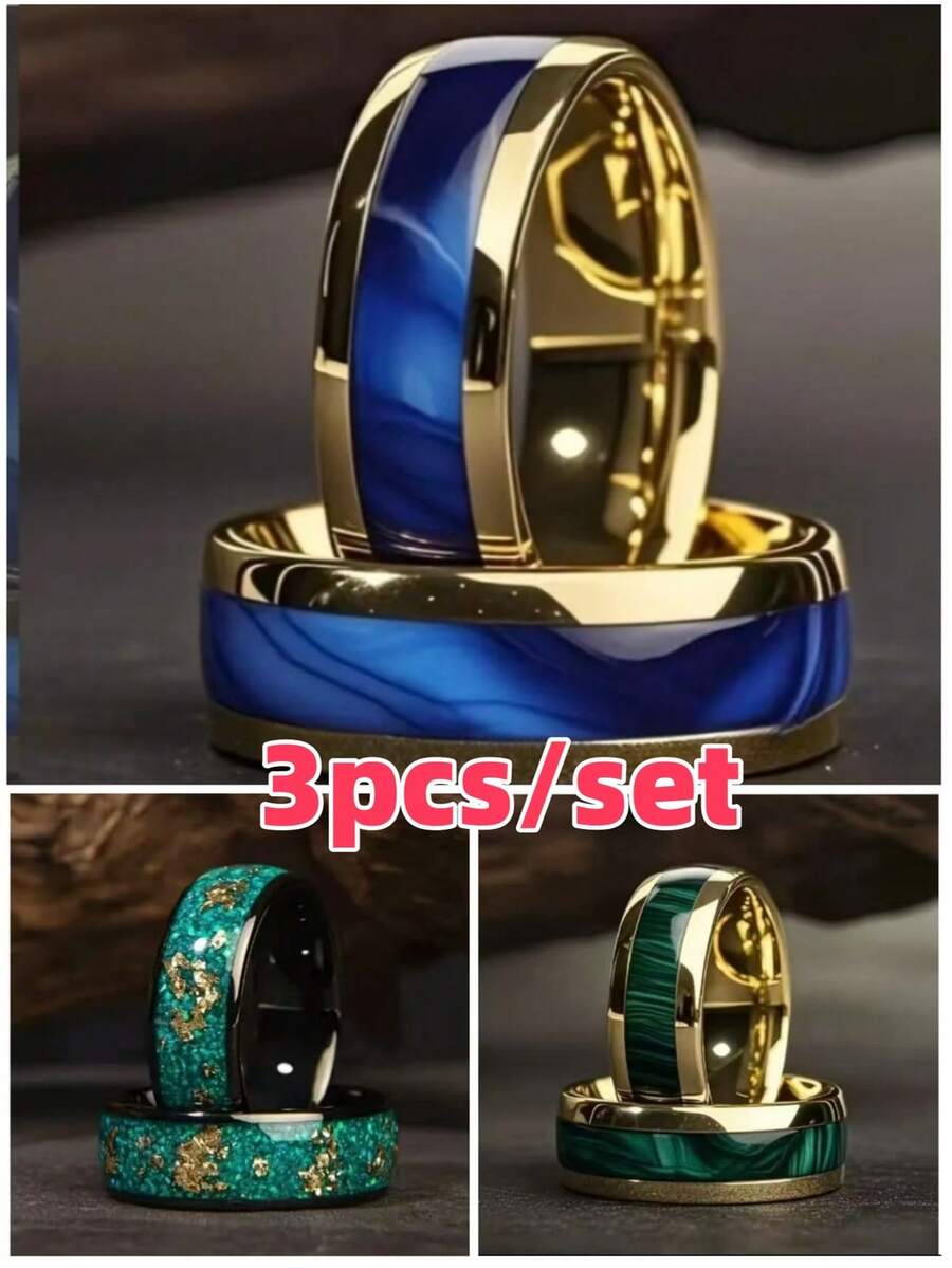 3 件套不锈钢戒指 - 金色中心蓝色，黑色绿色金箔，金色绿色底座 - 彩色 - 查看 1