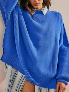 Women's Casual Loose Fit Drop Shoulder Colorblock Turtleneck Sweater - Blue - View 2