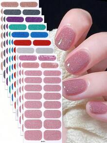 4-Pack Random Color Nail Polish Strips, Pink Nail Glitter Self-Adhesive Gel Nail Stickers, Suitable For Women's Home DIY Self-Use Nail Art Supplies Nail Stickers - 彩色 - 查看 9