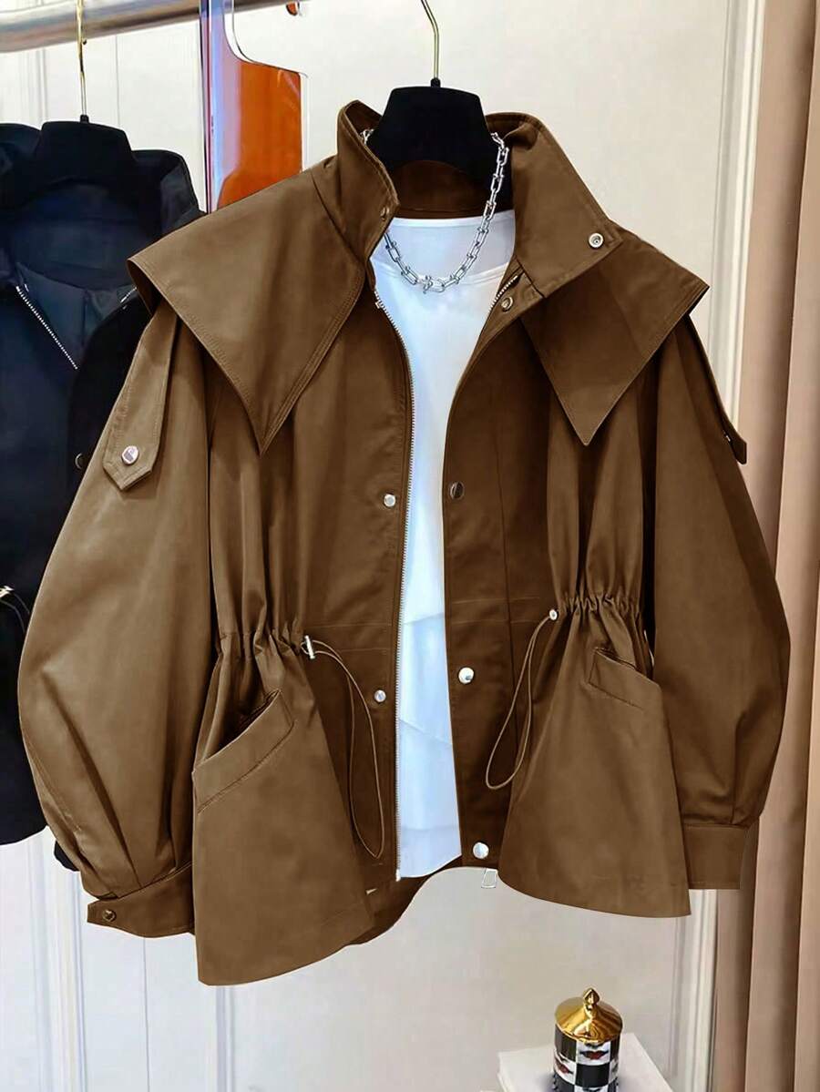 1 chiếc áo khoác dài dệt vải trơn màu có túi rút cài nút phía trước, thường ngày cho mùa xuân/thu - Cà phê nâu - Xem 1