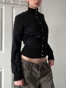 黑色单排扣立领女士休闲长袖外套，复古Y2K风格开衫，适合秋冬季穿着 - 黑色 - 查看 4