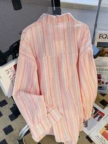 Áo sơ mi dài tay nữ màu hồng kẻ sọc, kiểu dáng thường ngày, thích hợp cho mùa xuân. - Hồng - Xem 5