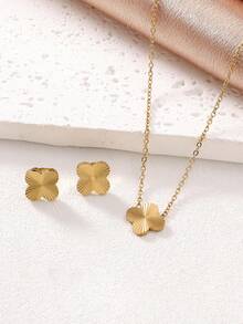 5 件优雅手工抛光不锈钢四叶草项链手链耳环首饰套装，适合日常佩戴 - 金色 - 查看 7