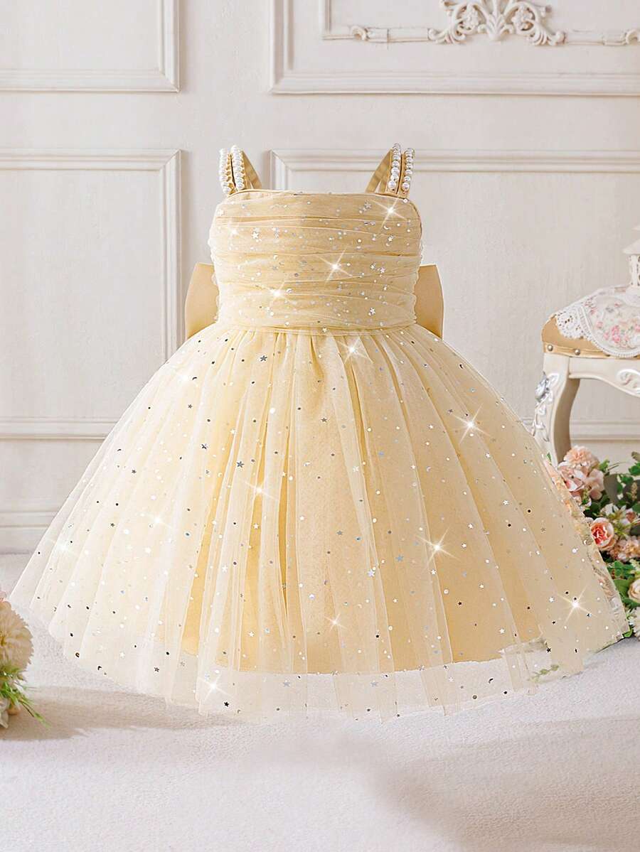 Elegant Ruffle Mesh Backless Bowknot Dress For Young Girls, Suitable For School Dance, Birthday Party, Without Headband - Champagne - View 1