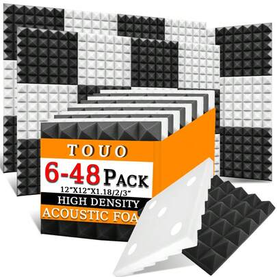 TOUO Pyramid Acoustic Foam 6-48 Pcs 12"X12"X3"/12"X12"X2/12"X12"X1.18" Sound Absorbing Panel 8 Color High-Density Acoustic Treatment Foams Studio Soundproofing Sponge Pad Home Improvement