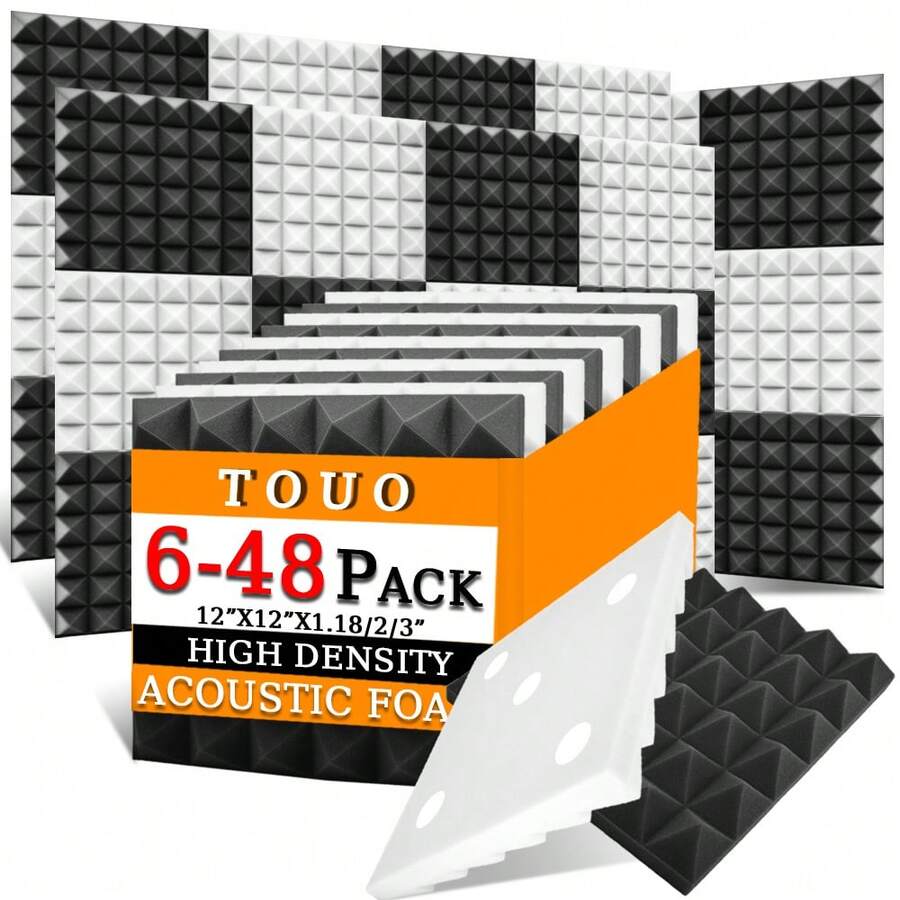 TOUO 金字塔吸音泡沫 6-48 块 12 英寸 X 12 英寸 X 3 英寸 / 12 英寸 X 12 英寸 X 2 英寸 / 12 英寸 X 12 英寸 X 1.18 英寸 吸音板 8 种颜色高密度声学处理泡沫工作室隔音海绵垫家居装修