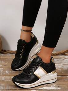 时尚舒适一脚蹬防滑女式厚底运动鞋，轻便休闲侧拉链设计简约白色鞋子，PU 网眼面料纯色休闲女鞋 - 黑色 - 查看 4