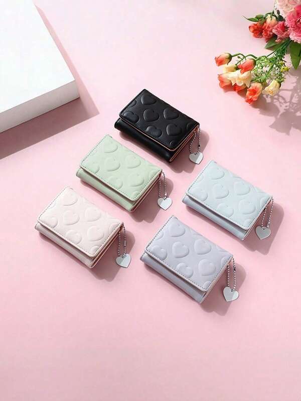 Carteira feminina curta, cor sólida, porta-cartões com vários compartimentos, estampa de coração, design simples com bordas cruzadas, carteira pequena e charmosa para mulheres, carteira compacta, porta-cartões e porta-moedas.