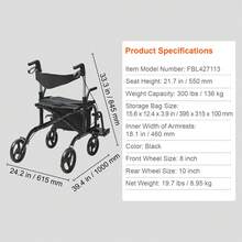 2 In 1 Rollator Walker & Transport Chair For Seniors, Folding Rolling Walker Wheelchair Combo & Footrests, Lightweight Aluminum Mobility Walker With Adjustable Handle, All Terrain Wheels, 136KG(BLACK) - Black - View 7