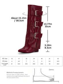 款式与上衣，时尚女式及膝靴尖头红色折叠坡跟靴拉链高跟鞋扣装饰复古街头风格设计师长靴 - 酒紅色 - 查看 3