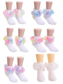 1 Pair Girls' Ruffle Trim Socks, Princess Baby Dance Rainbow Lace Socks - Multicolor - View 1