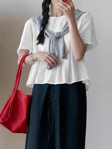 Áo kiểu nữ phối ren nhún bèo, phong cách Mori Girl lãng mạn, ngọt ngào và trẻ trung, thích hợp cho mùa xuân và mùa hè. Màu trắng. - trắng - Xem 4