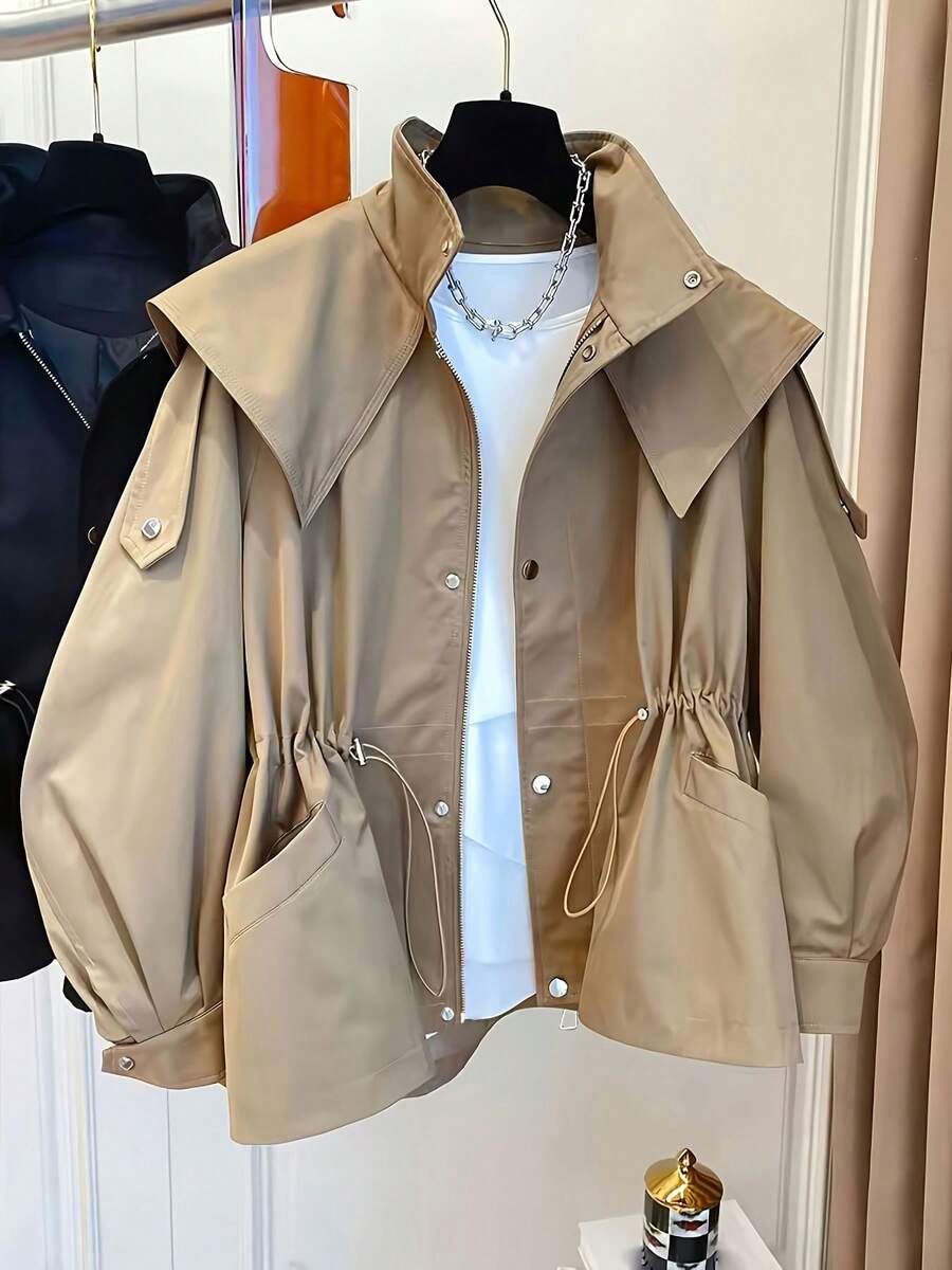 1 件纯色梭织面料抽绳口袋前扣风衣，休闲春秋 - 卡其色 - 查看 1