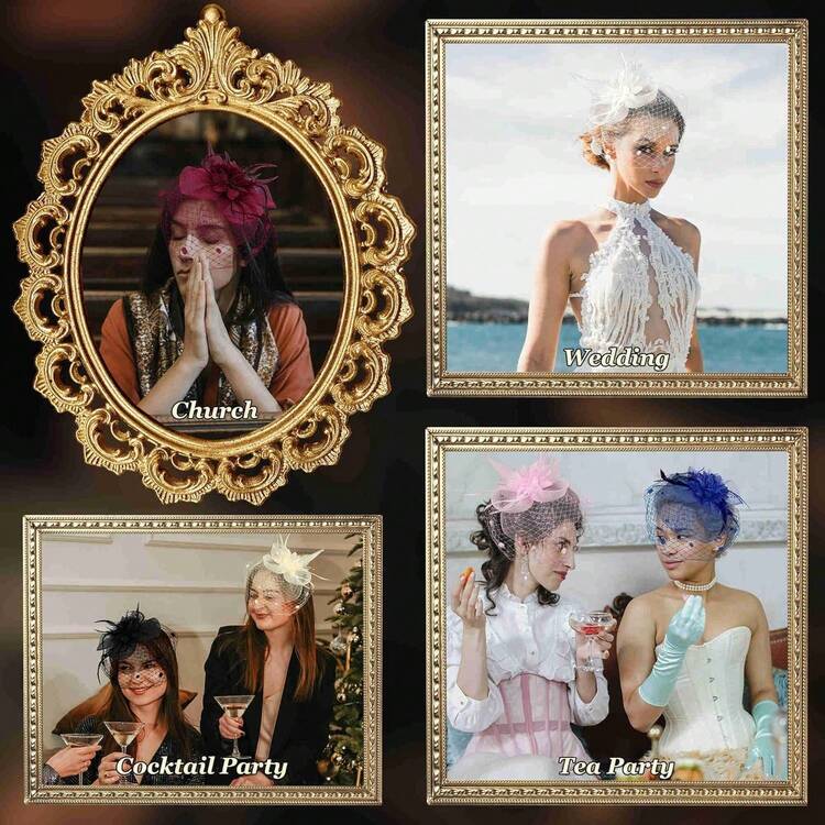 Fascinators Hats Women Tea Party Hat Mesh Headband Vintage Lace Cocktail Headwear Hair Clip Church - 米色 - 查看 11