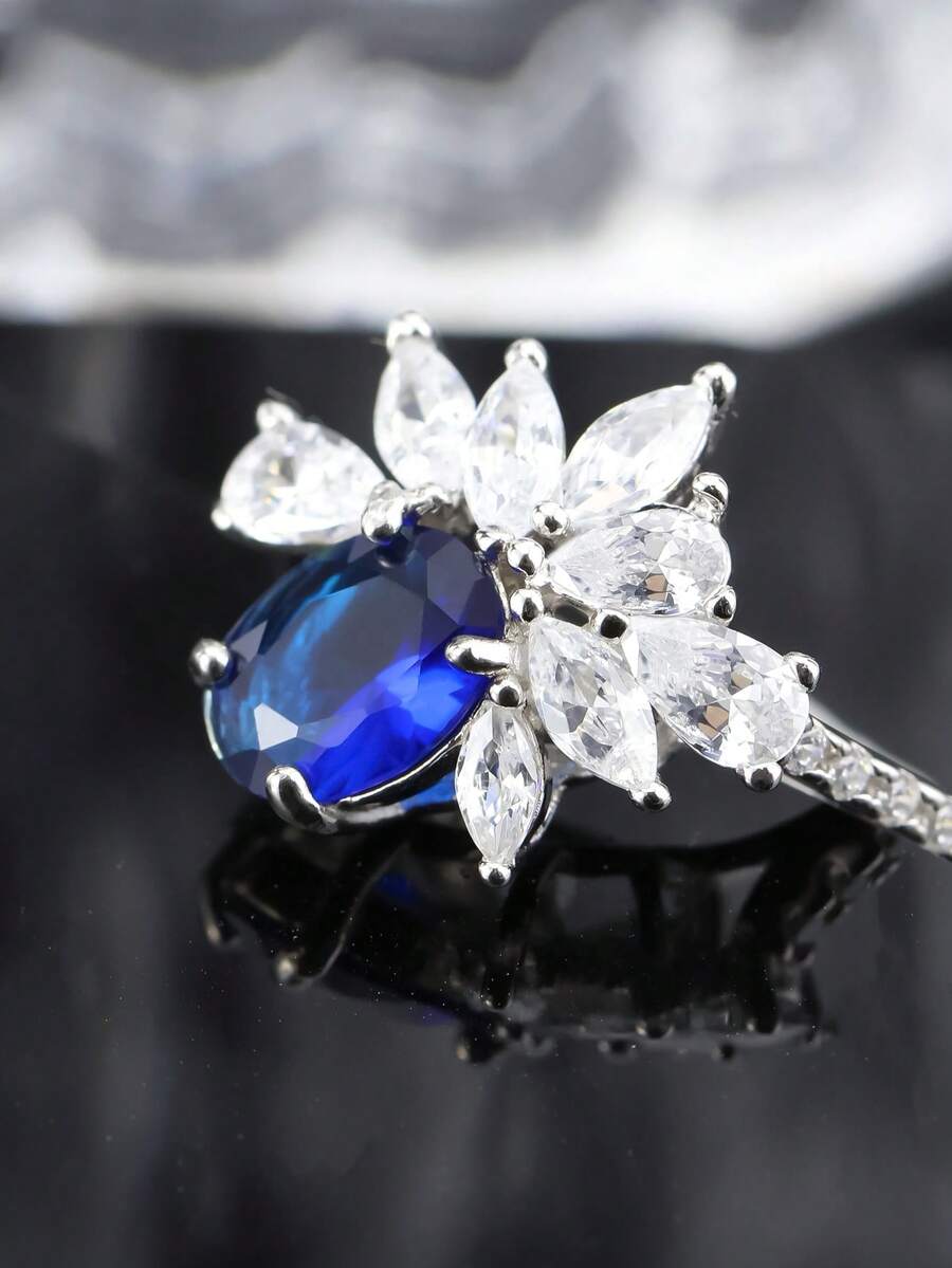 1pc S925 Silver Women's Elegant Ring With Lab-Grown Blue Sapphire Center Decoration, Delicate Floral Design And Sparkling Side Stones, Suitable For Wedding, Anniversary