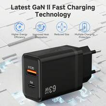 63W GaN Fast Charger PD 45W+QC 18W Dual USB-C Wall Charger Adapter & 60W USB-C Data Cable, Compatible With 16/14/13/12/11/17/15 Pro Max, Type-C Charger Adapter - EU C Type Plug(220-240V) - View 6