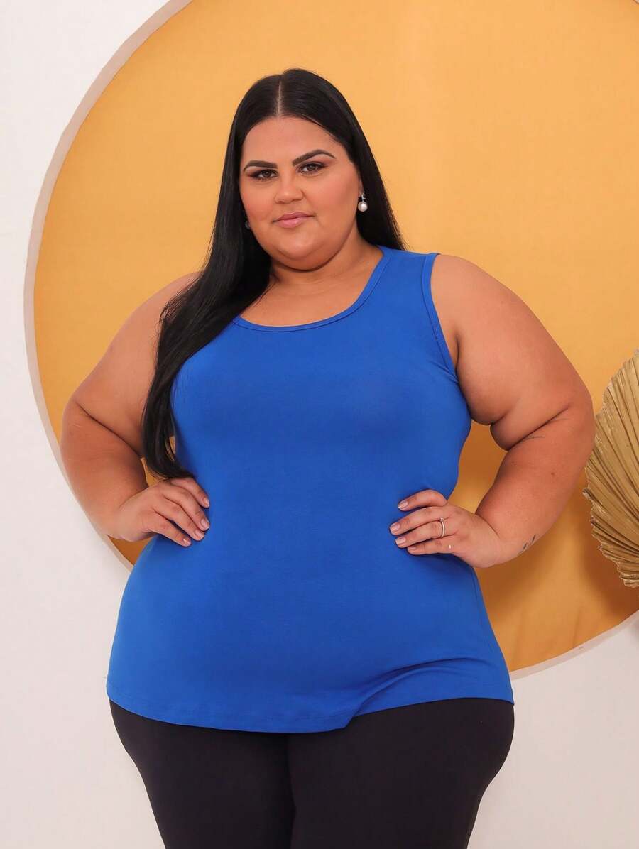 Women's Wide Strap Tank Top Plus Size Viscolycra Sizes G1 G2 G3 G4 G5, Light And Comfortable Fabric - 比克藍 - 查看 1