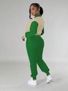 Women's Casual Colorblock Single-Breasted Jacket Top And Drawstring Pocket Loose Pants, Breathable Lightweight Spring/Autumn 2-Piece Set - Green - View 3