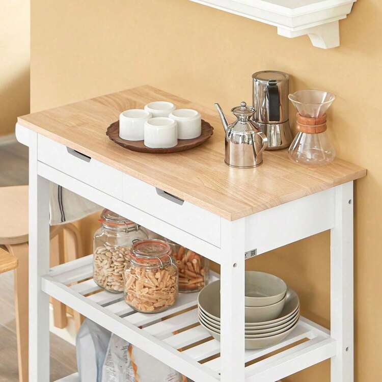 SoBuy FKW68-WN, Kitchen Storage Trolley Serving Trolley Kitchen Shelf With Rubber Wood Top 2 Drawers 2 Shelves - 白色 - 查看 8