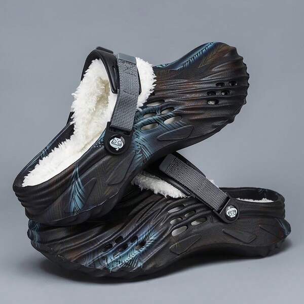 Scarpe invernali da uomo con rivestimento in pelliccia rimovibile e reversibile, calde e spesse, con suola antiscivolo resistente all'usura, pantofole chiuse, scarpe da spiaggia da uomo, taglie grandi (motivo casuale, taglia piccola, si consiglia di ordinare una taglia in più)
