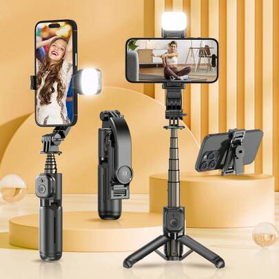 TOKQI 三合一迷你自拍杆三脚架，带补光灯和无线遥控器 - 口袋大小，可伸缩手机支架，适用于Vlog/直播，兼容iOS和安卓智能手机，是夏季度假、旅行、补光、户外活动、直播等的理想选择。