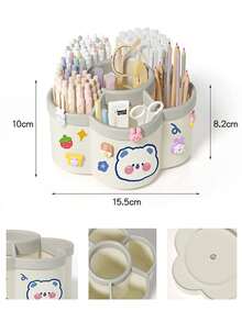 1pc Rotating Pen Holder Organizer, High Capacity, Compartments, Suitable For Student, Children Desk, Creative Pen Rack, Minimalist Design (Random Sticker Pattern)