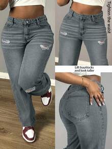 Women's Casual Loose Straight Leg Jeans, Paired With Distressed Decorations, Suitable For All Seasons, Suitable For Daily Outings, Parties, Back To School Season, Back To School Season, Rural Concerts - 灰色 - 查看 7