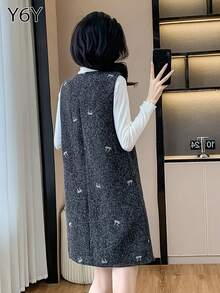 全新秋季黑色刺绣蝴蝶结优雅无袖中长连衣裙