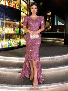 CHOSMO New Style Solid Metallic Shiny Elegant Sequin Front Short Back Long Women's Dress, Suitable For Evening Date, Wedding, Party, Anniversary, Formal Gala, Ceremony, Wedding Guest, Graduation, Recital, Stage And Concert, Fourth Quarter, Valentine's Day - Coral Pink - View 4