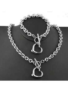 2pcs Stainless Steel Fashion Jewelry Set - Heart Shaped Necklace & Bracelet, Unisex, Holiday Gift