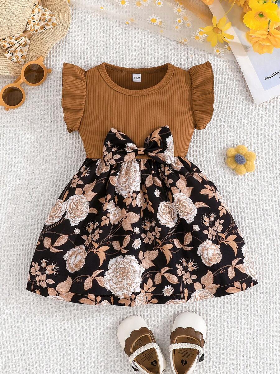 Baby Girl Floral Print Patchwork Cap Sleeve Dress, Summer - 棕色 - 查看 1