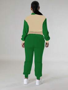 Women's Casual Colorblock Single-Breasted Jacket Top And Drawstring Pocket Loose Pants, Breathable Lightweight Spring/Autumn 2-Piece Set - Green - View 4