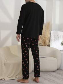 Spring And Autumn Men's Pajamas Round Neck Pullover Pug Cute Puppy Print Long Sleeve Top & Pants Two Pieces Home Clothes Set, For Fall Winter - Black - View 2