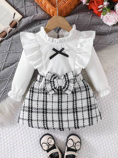 2pcs Baby Girls Autumn/Winter Plaid Long Sleeve Dress + Outfit Set, Fashionable Outerwear Princess Style
