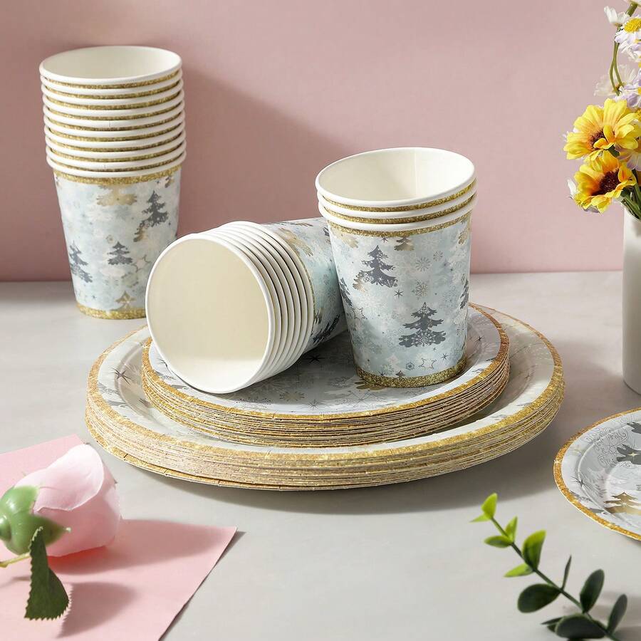 60pcs/Set Christmas Green Christmas Tree Theme Disposable Party Tableware Set, Includes Disposable Paper Cups, Plates, Napkins, Cold Drink & Coffee Cups - Multicolor - View 1