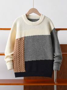 Suéter de punto grueso con estampado a cuadros en contraste para niños y adolescentes, adecuado para usar en la escuela y de forma casual en primavera, otoño e invierno