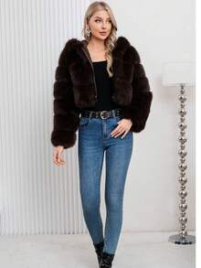 Elegant Women Brown Fashion Warm Faux Fur Hooded Regular Length Long Sleeve Regular Sleeve Coat For Winter Christmas And New Year - Coffee Brown - View 8