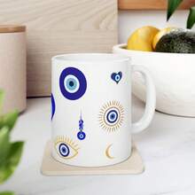 1pc Evil Eye Coffee Mug White Ceramic Cup Modern Design Spiritual Gift For Her Birthday Present Home Decor Art Protection Charm Blue Nazar - 11盎司 - 查看 2