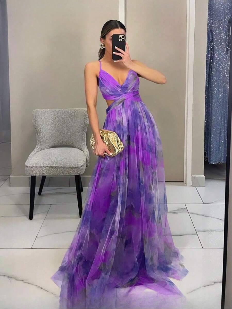 Women's Long Dress With Net Fabric And Printed Pattern, Featuring A Bandeau Style, New Spring/Summer Style, Suitable For Beach Vacations And Casual Gatherings - 紫色 - 查看 1