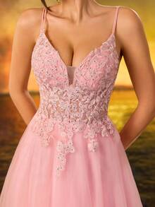A Line Sweetheart Neck Applique Evening Prom Dress Spaghetti Tulle Lace Up Party Dress - Pink - View 3