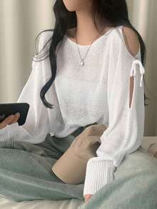 Off-The-Shoulder Thin Sheer Slit Loose Long Sleeve Knit Sweater - White - View 1
