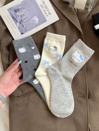  3 Pairs Sanrio Cartoon Hello Kitty Pattern Socks, Sweet & Cute Japanese School Style, Comfortable & Breathable Mid-Calf Socks For Women