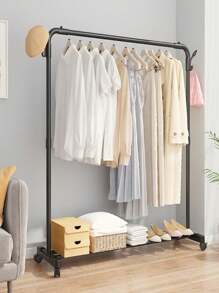 单杆衣架，双杆衣架，带储物架、挂钩和轮子，用于悬挂衣服和包包的金属衣架，多用途衣柜整理器，适用于壁橱收纳，衣物收纳