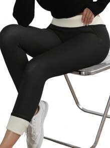 1pc Women's Black Solid Color Elastic Waist Leggings,Thermal Lined With 2 Side Pockets - Autumn/Winter Warm Staple,Fleece - Black - View 7