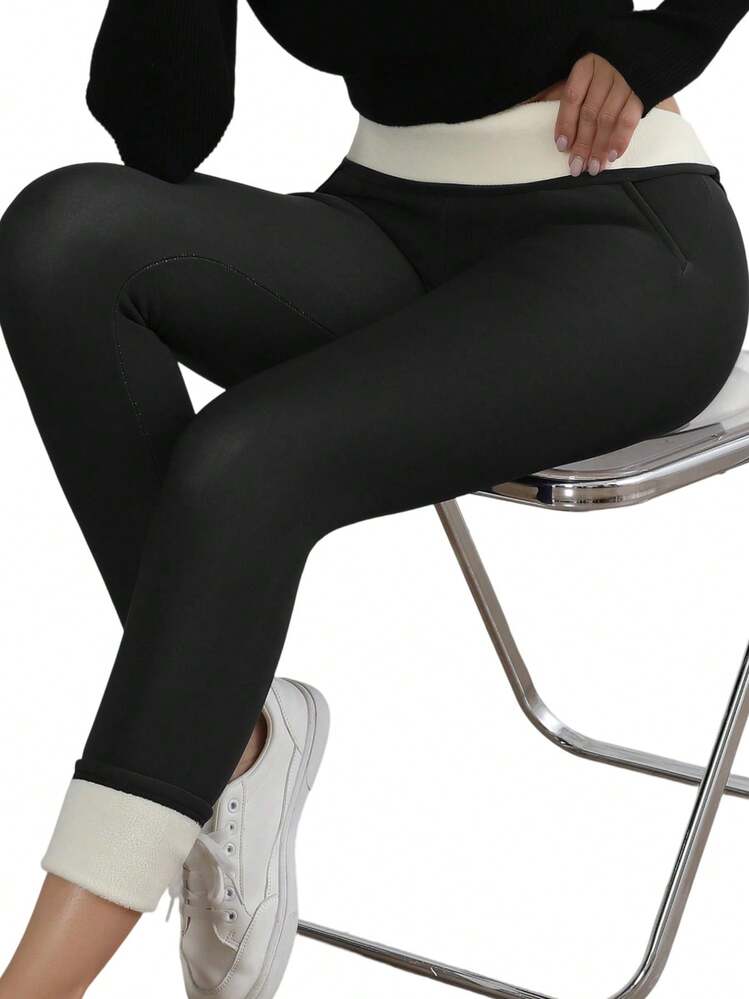 1pc Women's Black Solid Color Elastic Waist Leggings,Thermal Lined With 2 Side Pockets - Autumn/Winter Warm Staple,Fleece - Black - View 7