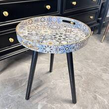 طاولة جانبية دائرية بطراز بوهيمي مع أرجل خشبية قابلة للفك - مثالية للاستخدام في الخارج والشرفة وغرفة النوم للاسترخاء | سهلة التركيب