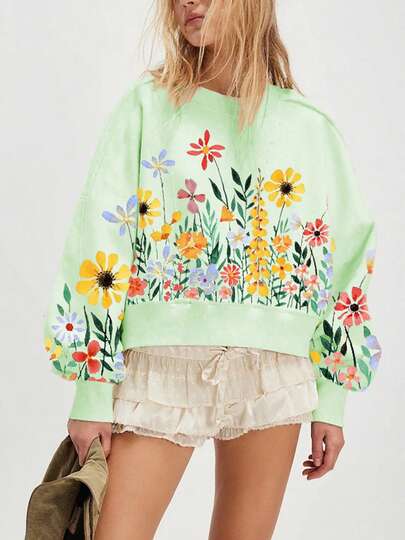 Women's Floral Printed Sweatshirt 2025 Fall Winter Casual Long Sleeve Crew Neck Pullover Tops Daily Streetwear